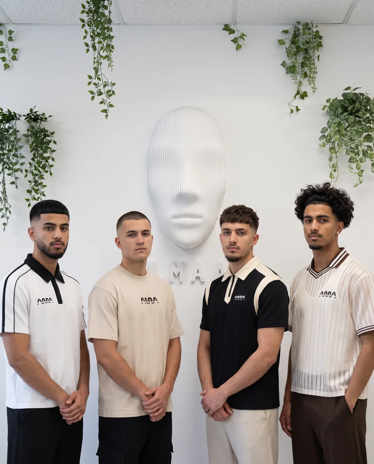 Four ALMAAN barbers wearing the new collection in front of the ALMAAN sculpture wall